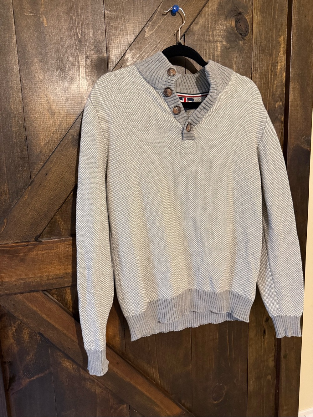 Men's Light Gray V-Neck Button Sweater